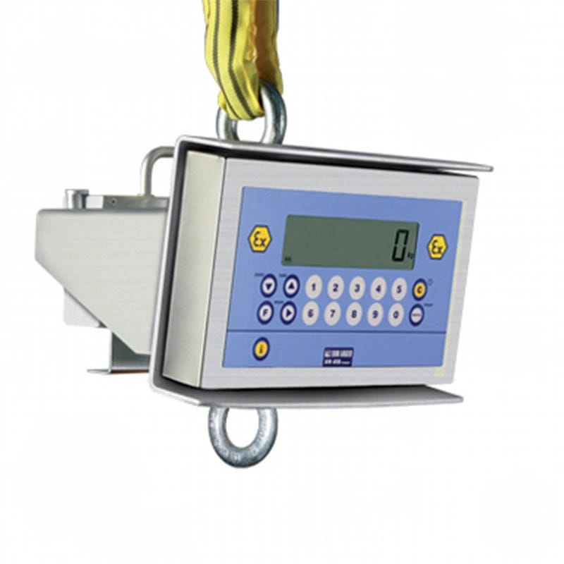 Industrial-grade digital hanging scale with a blue control panel, silver metallic casing and hooks