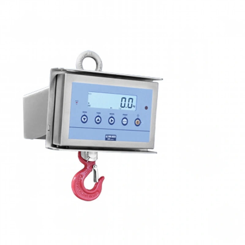 Industrial-grade digital hanging scale with a stainless steel housing, blue display screen showing ’0.0 kg,’ and a bright red hook for lifting heavy items