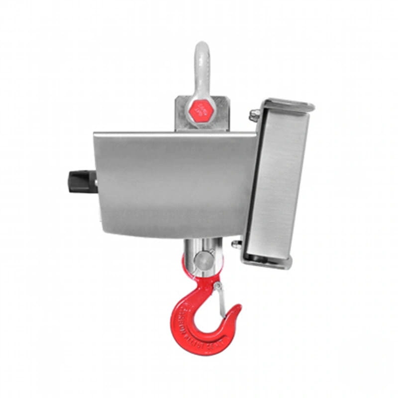 Red and silver industrial crane hook with a metallic body, red safety latch, and black handle
