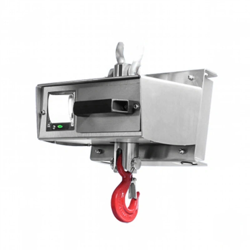 Stainless steel electric hoist with a red hook and digital display