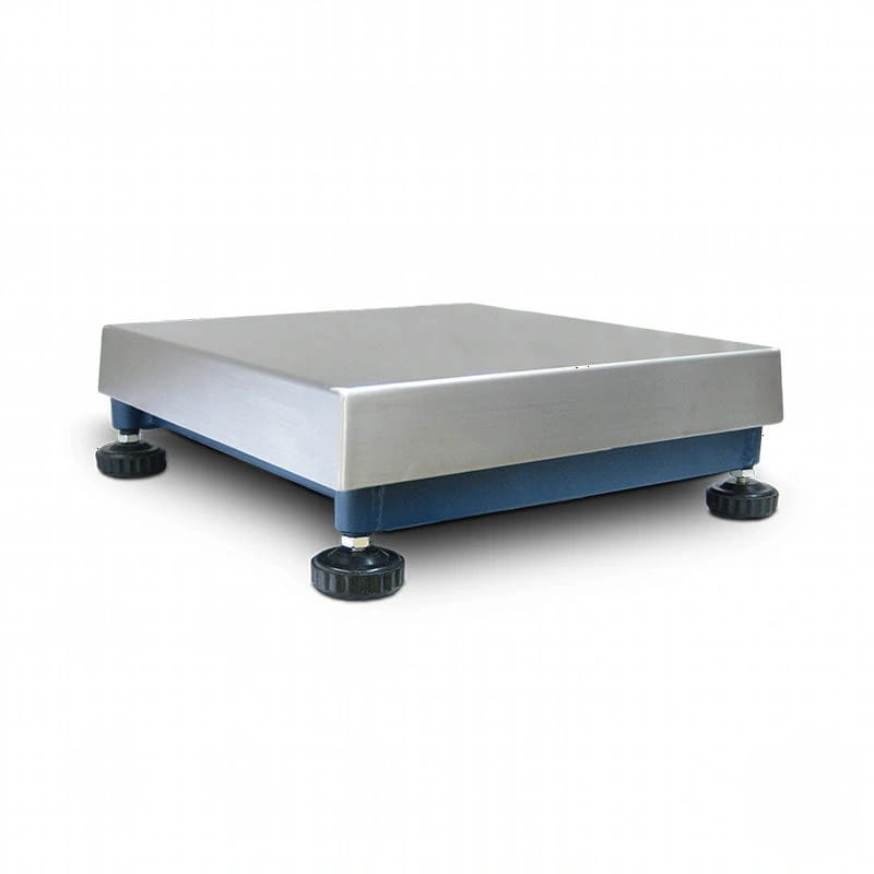 Industrial-grade stainless steel platform scale with a blue base and black adjustable feet