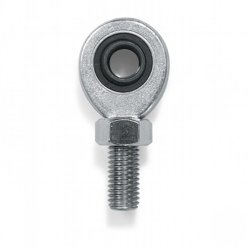 Silver metallic ball joint with a threaded rod and hexagonal nut, featuring a black rubber seal around the spherical bearing