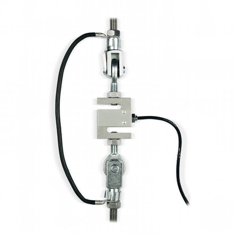 Silver metallic tension gauge with black cable and threaded ends