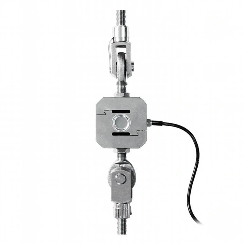 Industrial-grade stainless steel load cell with threaded mounting points and a black cable