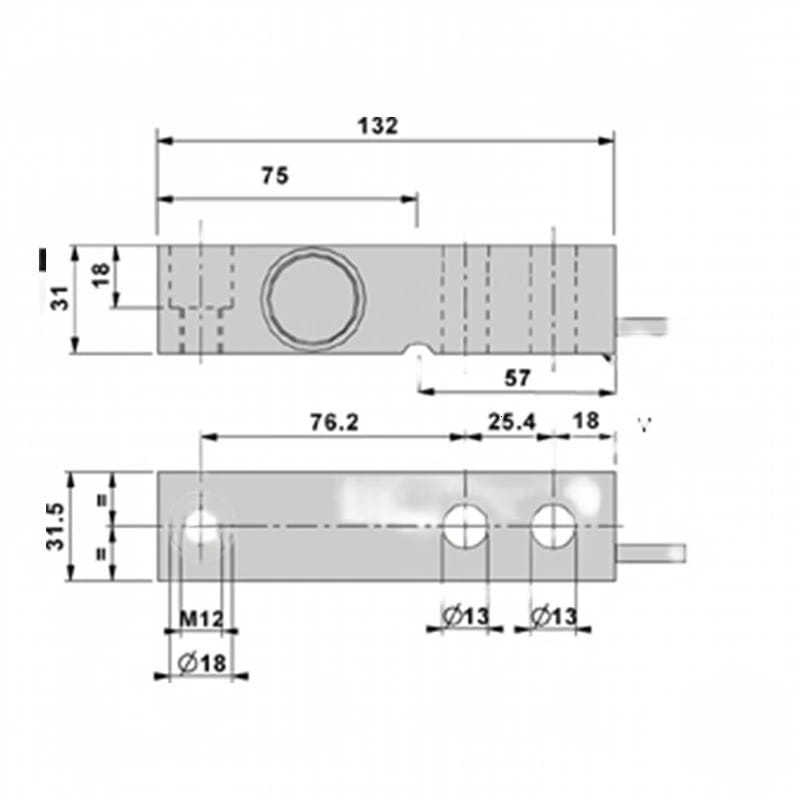 Gray metallic industrial sensor with precise dimensional markings and threaded mounting holes