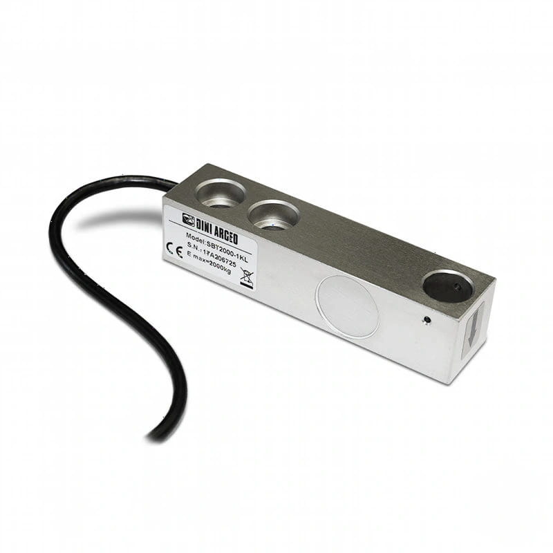 Silver metallic dini argeo sbt2000-1kl load cell with three circular mounting holes and a black cable