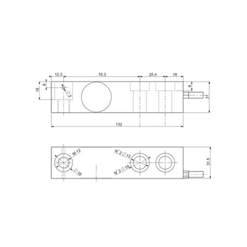 Technical drawing of a long rectangular metal shaft with precise dimensional markings and threaded holes