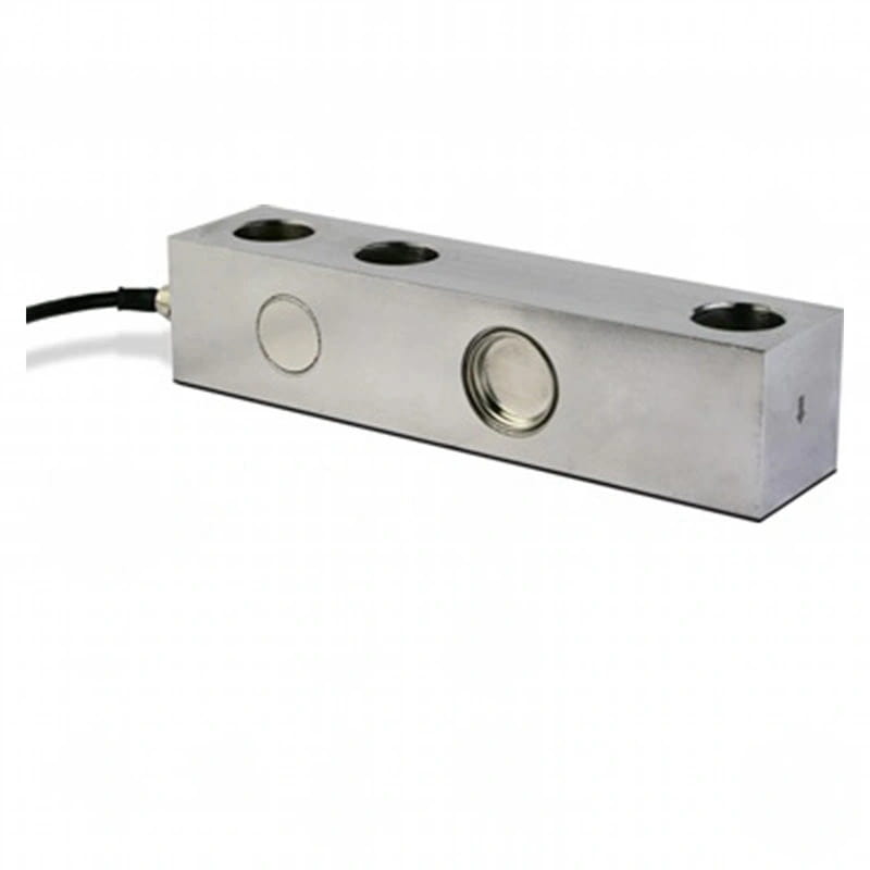 Silver metallic rectangular load cell with three circular mounting holes and a black cable attached