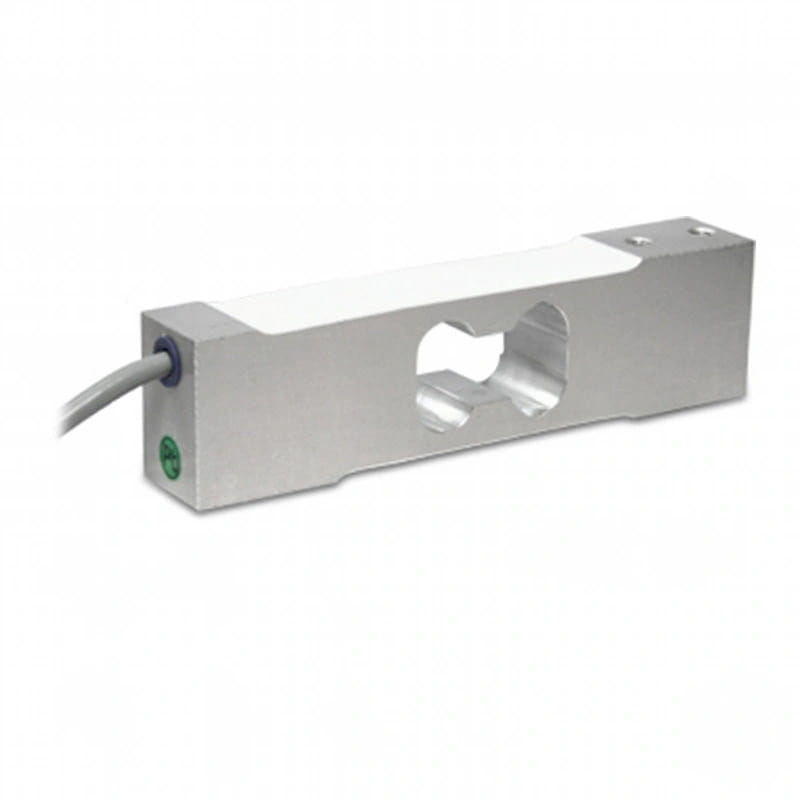Silver metallic load cell with a central cutout and attached gray cable
