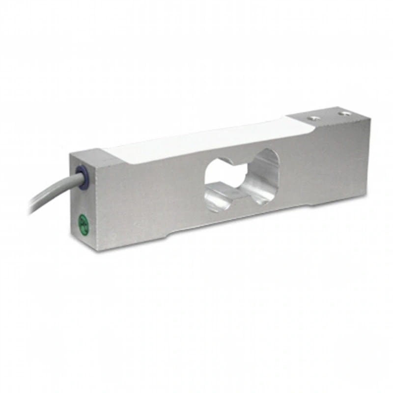 Silver metallic load cell with a white central section, green indicator lights, and a gray cable extending from one end
