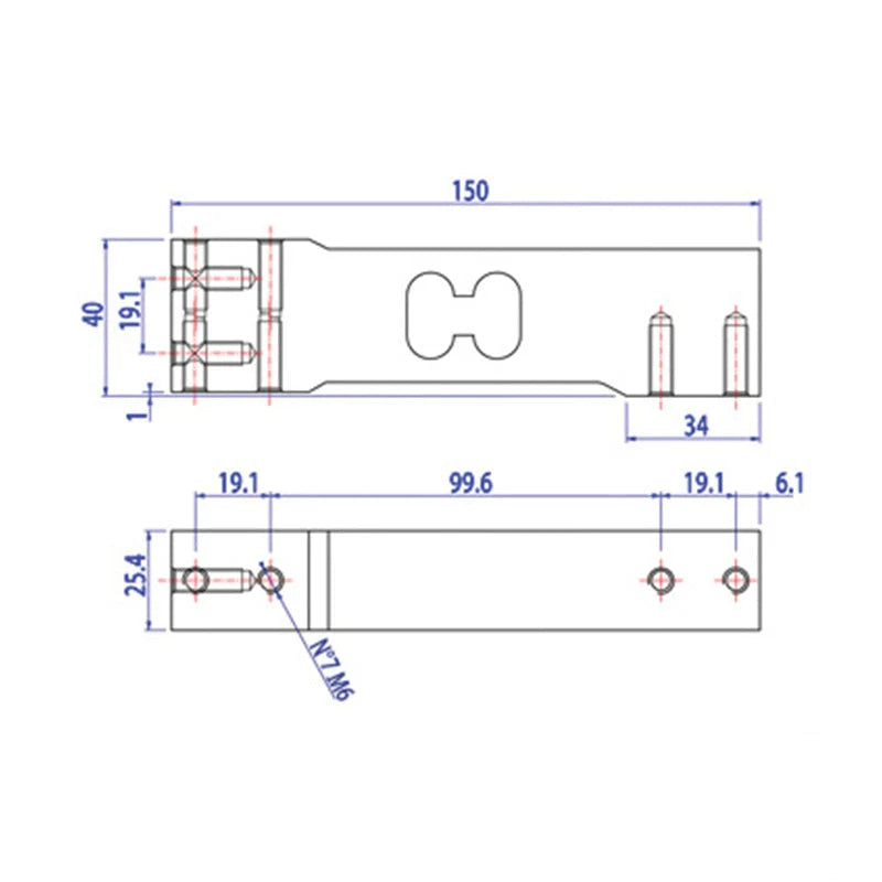 Metallic mechanical component with precise engineering, featuring a rectangular body with cutouts and threaded holes for mounting
