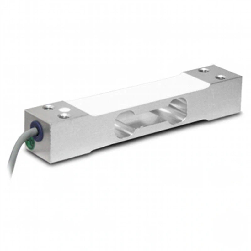 Silver metallic load cell with a white central section and visible internal components, featuring screws on both ends and connected by a gray cable