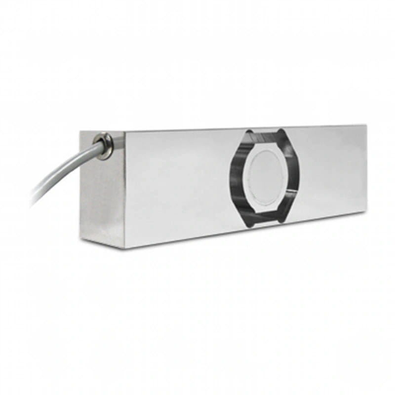 Silver rectangular load cell with a hexagonal cutout and attached cable