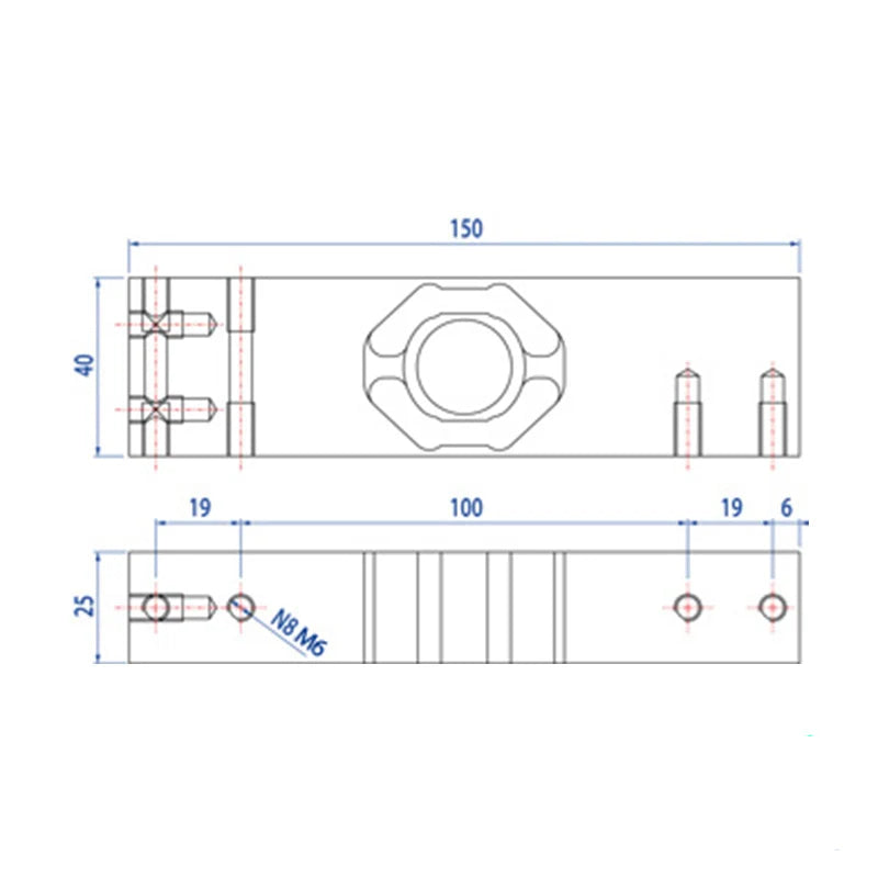 Technical drawing of a 150mm long, 40mm wide metal mounting bracket with threaded holes and an m6 bolt specification