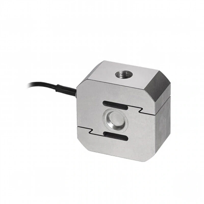 Silver metallic load cell with a black cable extending from one side and threaded holes for mounting
