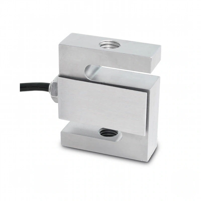 Silver metallic load cell with a black cable extending from its side