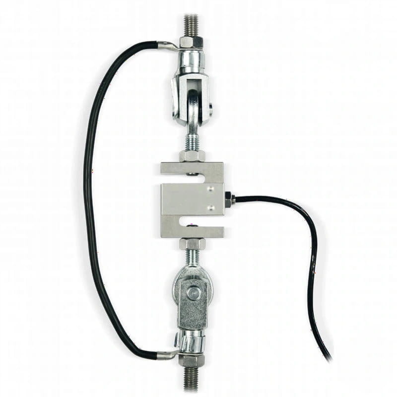 Industrial-grade metal load cell with black cable and threaded mounting points