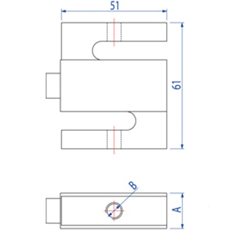 Technical drawing of a 51mm x 61mm mechanical component with threaded holes and mounting features