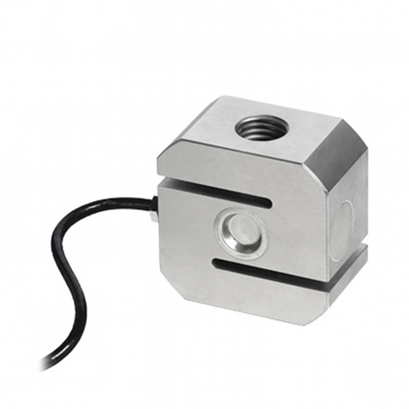 Silver metallic load cell with a threaded hole on top and a black cable extending from its side