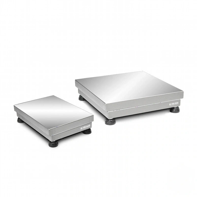 Two stainless steel platform scales with black rubber feet