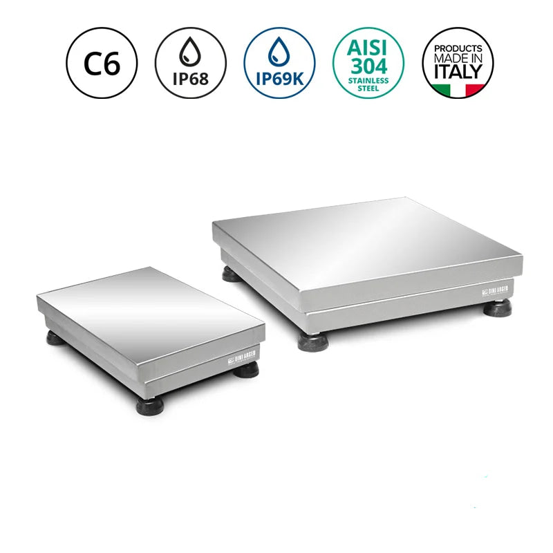Stainless steel industrial platform scale with a sleek, reflective surface and black rubber feet