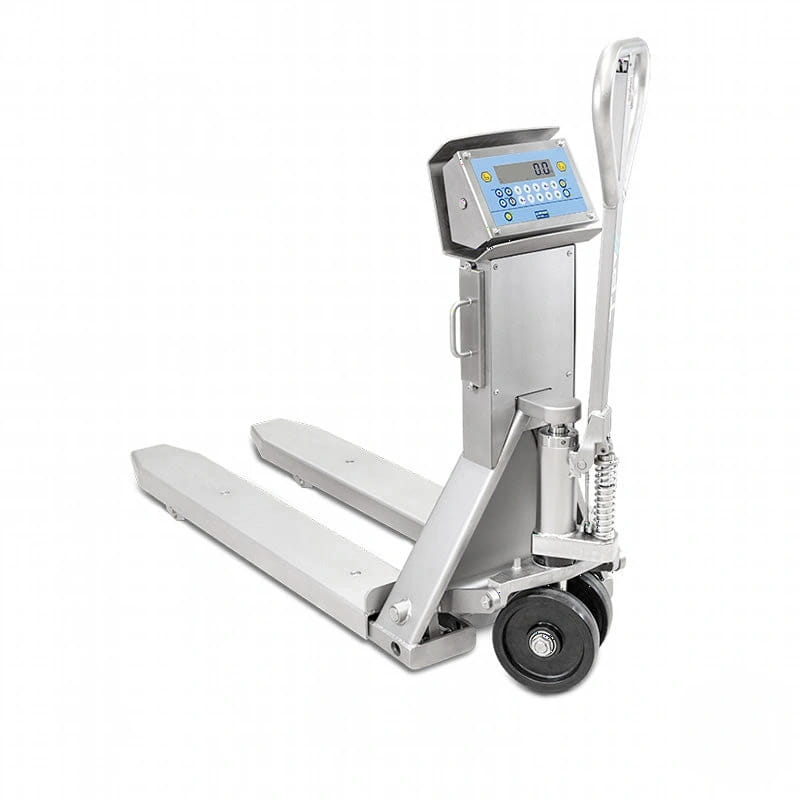 Silver digital pallet jack with a weighing display and black wheels