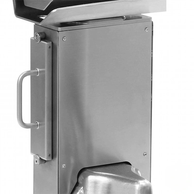 Stainless steel trash receptacle with a sleek, rectangular design and integrated side handle