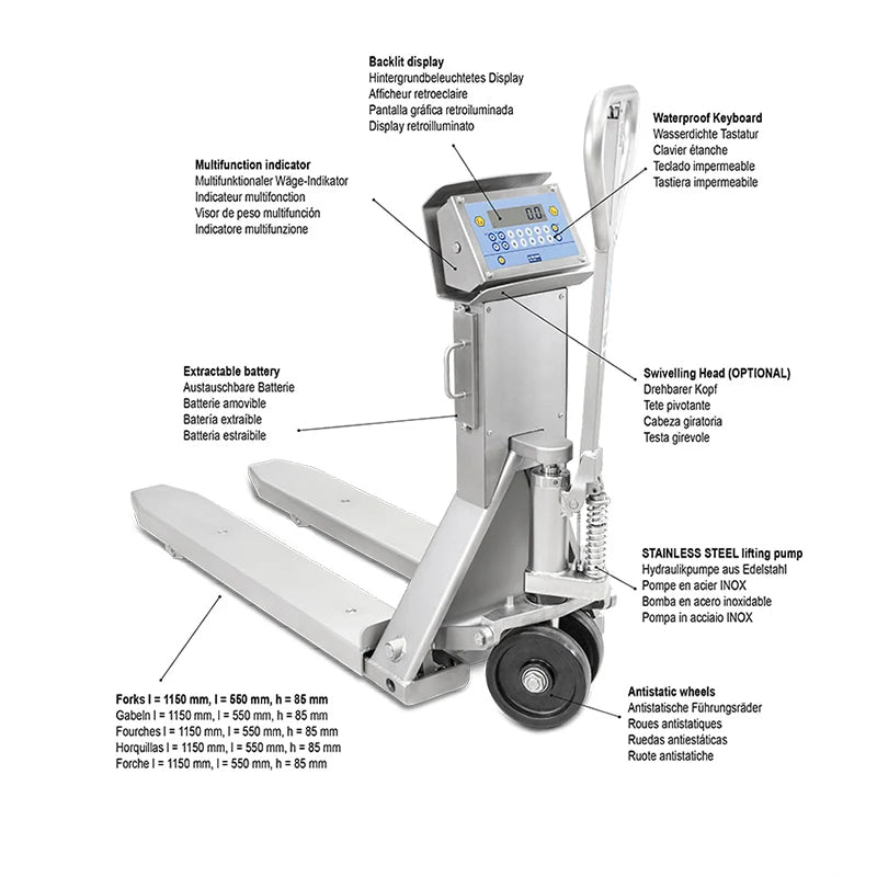 Silver stainless steel pallet jack with digital display and hydraulic lifting pump