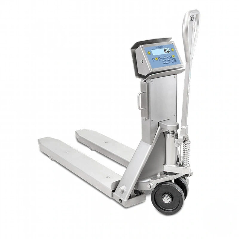 Silver digital pallet jack with a sturdy metal frame, black wheels, and an integrated display screen
