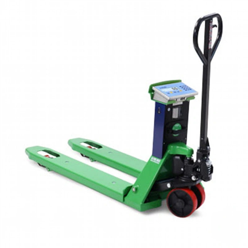 Green and black digital pallet jack with red wheels
