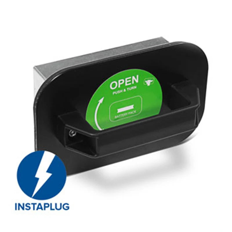 Black plastic instaplug battery pack with a green circular label indicating how to open and insert the battery