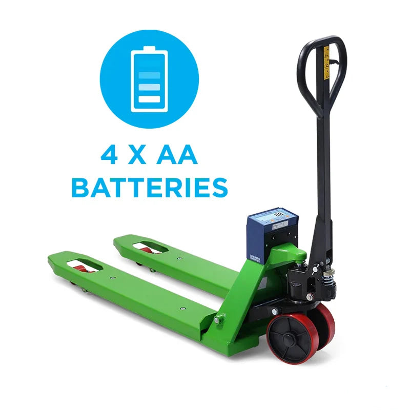 Green electric pallet jack with black handle and red wheels, featuring a digital display unit mounted on the frame