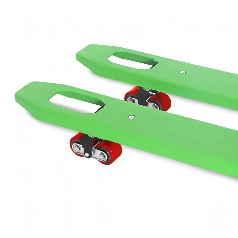Bright green plastic pallet jack with red wheels and black metal axles