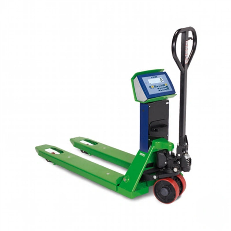 Green and blue digital pallet jack with black handle and red wheels