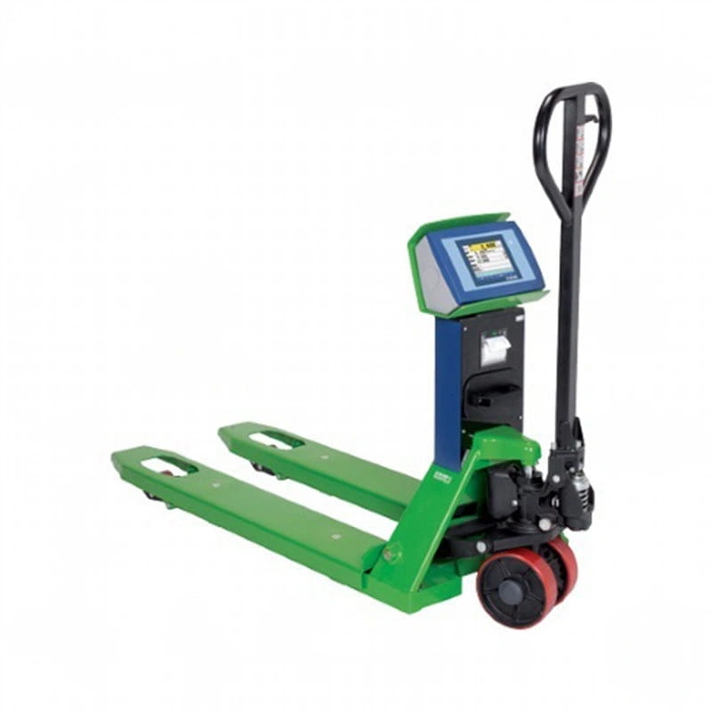 Green and blue digital pallet jack with black handle and red wheels