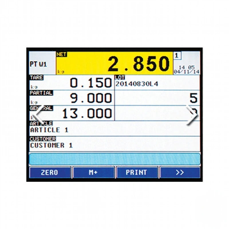 Digital weighing scale display showing net weight of 2.850 kg with yellow and blue interface, labeled pt w1