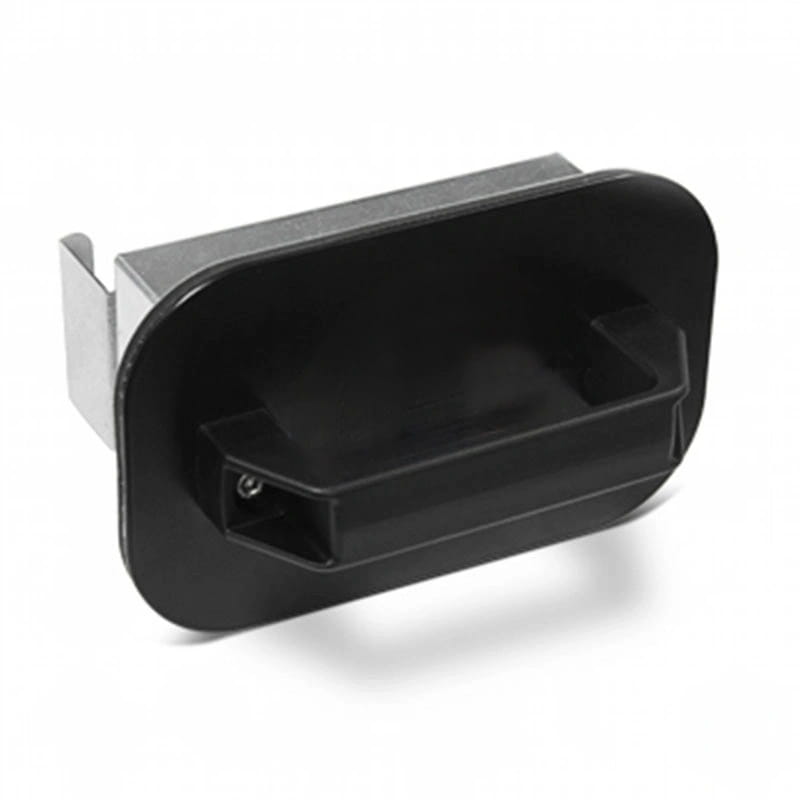 Black plastic car door handle pull with a metallic silver mounting bracket