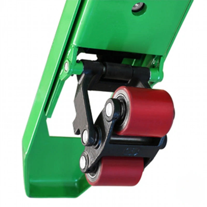 Green metal pallet jack with red rubber wheels and black mechanical components