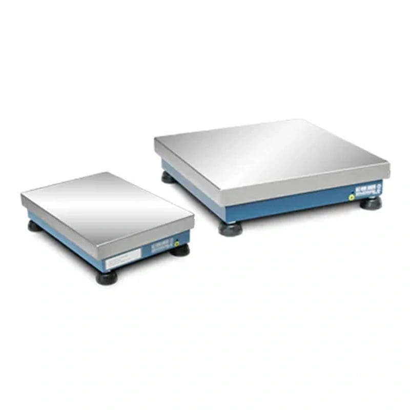 Two stainless steel weighing platforms with blue bases and black feet