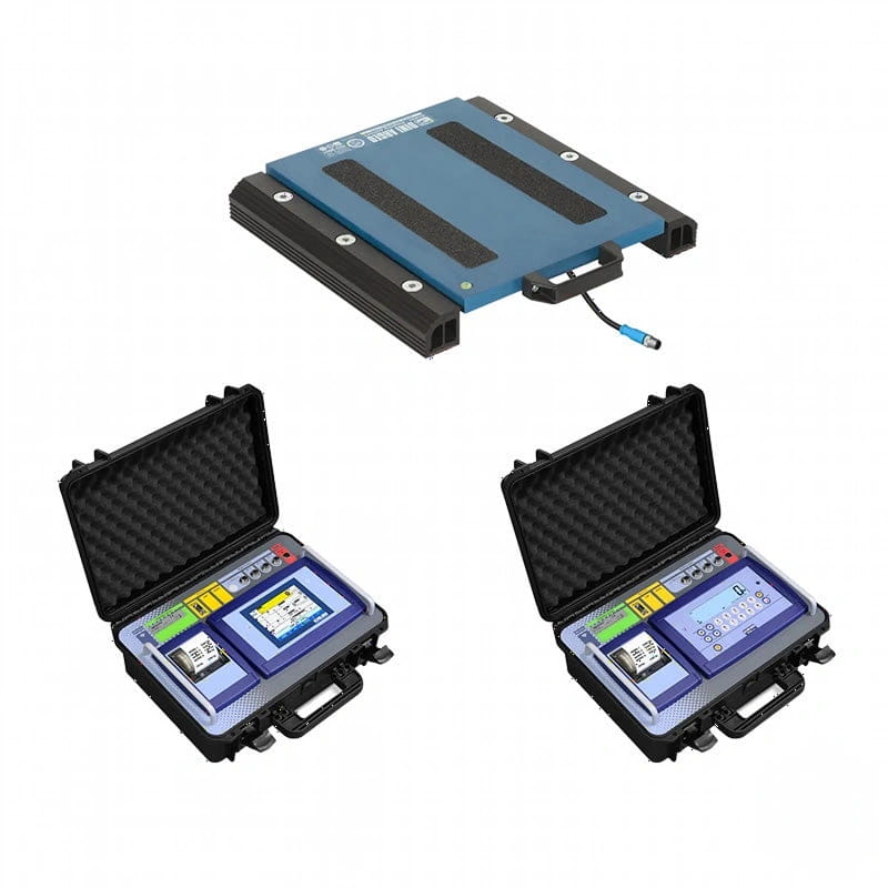 Blue and black industrial weighing scale with a digital display unit in protective case
