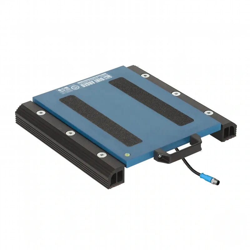 Blue and black industrial-grade weighing platform with textured grip strips and a blue connector cable