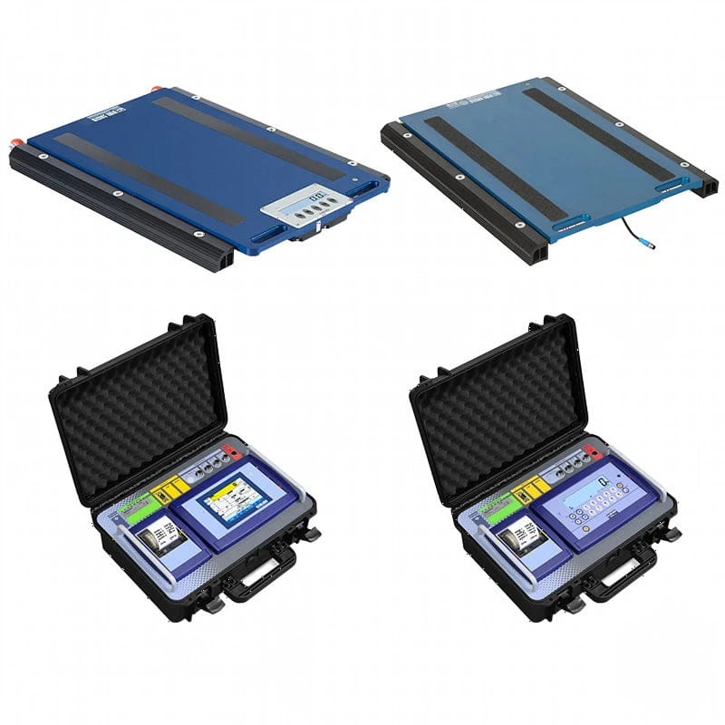 Blue industrial-grade weighing scale with black rubberized grip and digital display housed in a rugged protective case
