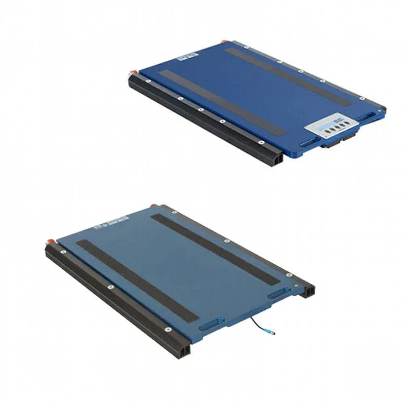 Blue industrial weighing scale with black side rails and a digital display panel