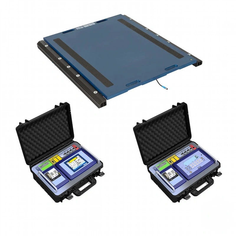 Blue industrial weighing platform with black rubber strips and silver screws, paired with two identical rugged black carrying cases containing digital scales