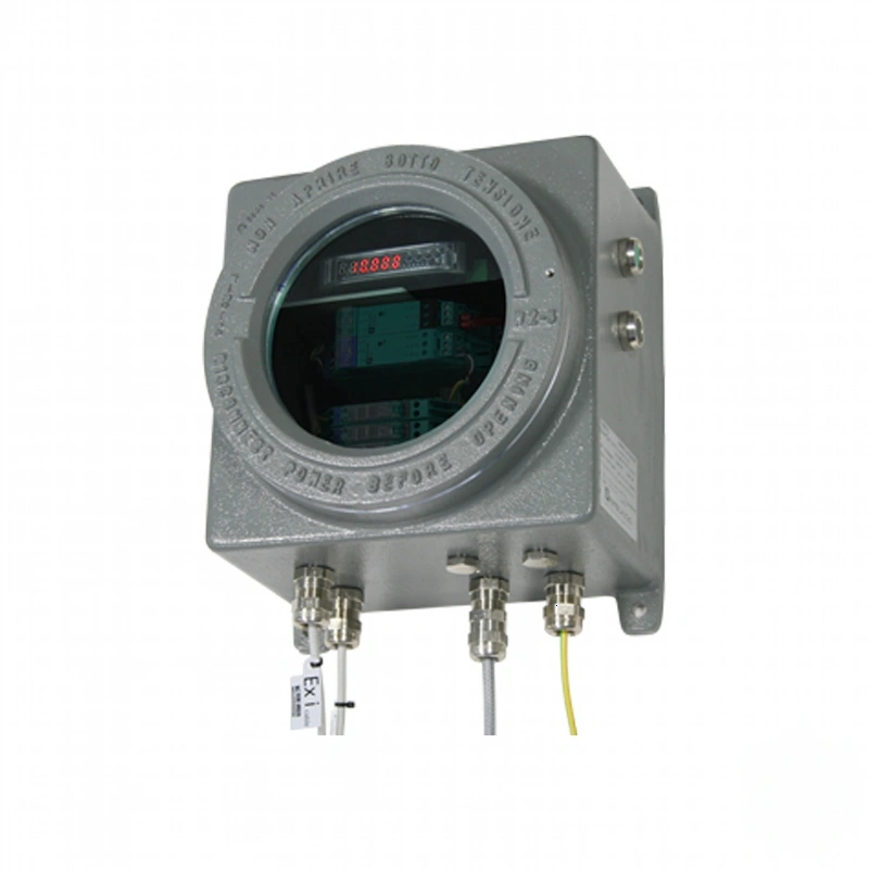 Gray industrial explosion-proof gas detector with a circular front panel featuring red digital display and engraved safety markings