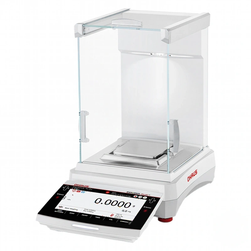 White ohaus explorer a210k analytical balance with a transparent glass draft shield and digital display