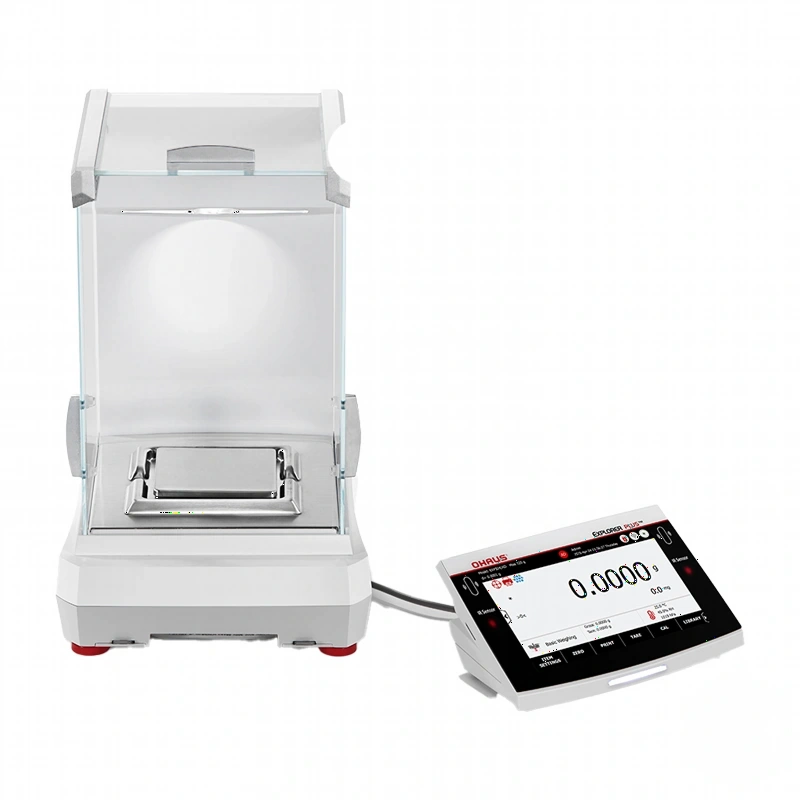 White omniscale experior plus analytical balance with a transparent glass draft shield and digital display showing zeroed weight