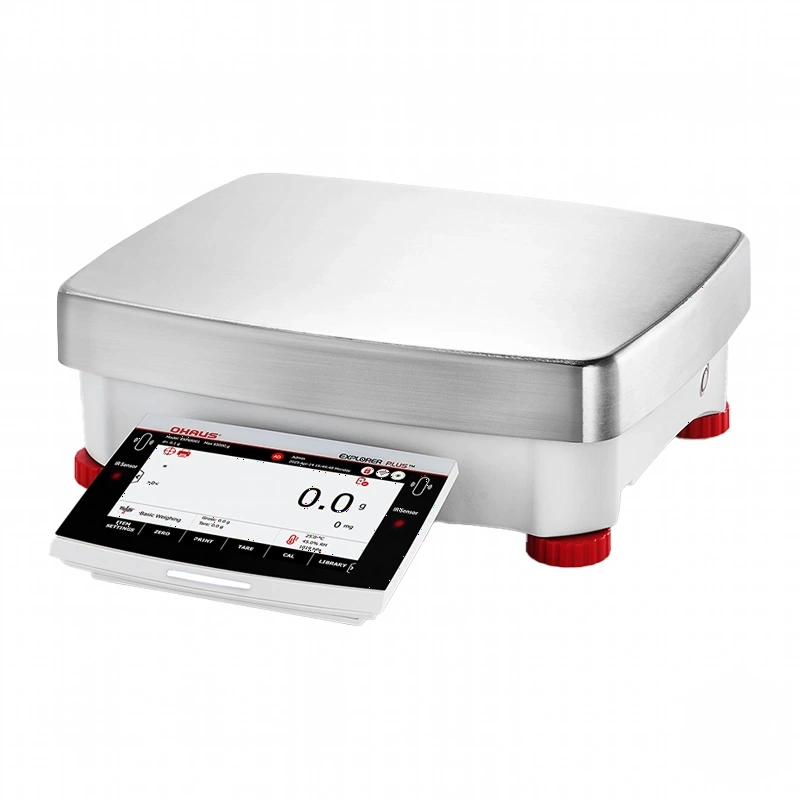 Silver stainless steel digital platform scale with red feet and a black touchscreen display showing ’0.0 g’