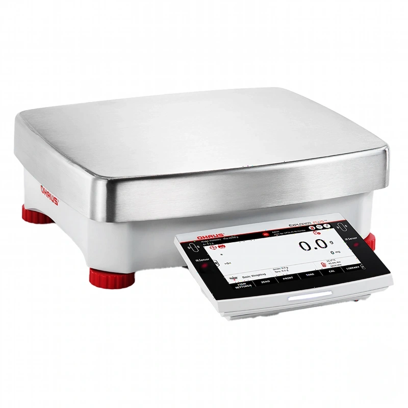 Silver ohaus exterminator 201 digital platform scale with red feet and a touchscreen display