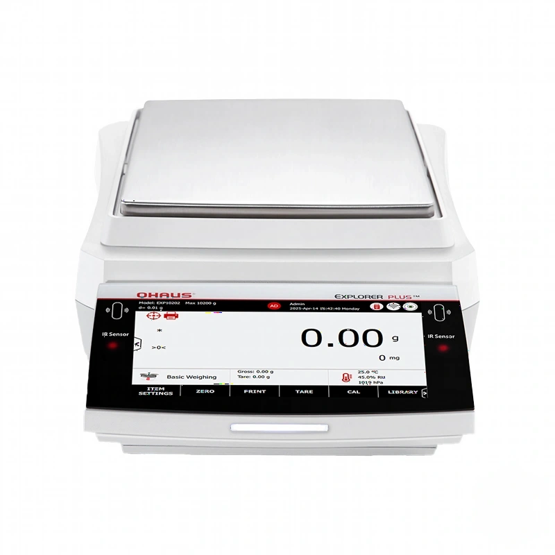 White ohaus explorer plus digital analytical balance with a silver weighing platform and black touchscreen display